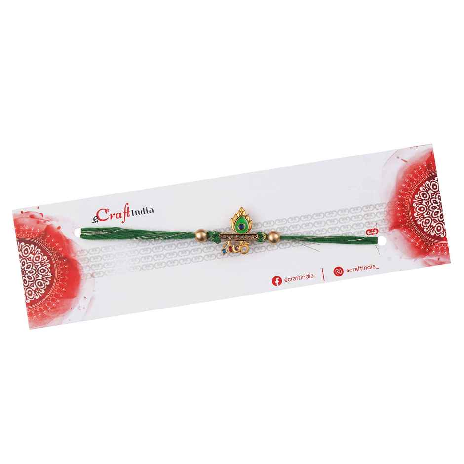 Green Golden Peacock Feather Om Designer Rakhi with Roli Chawal Pack Rakhi for Brother Bhaiya Bhai | Ecraftindia