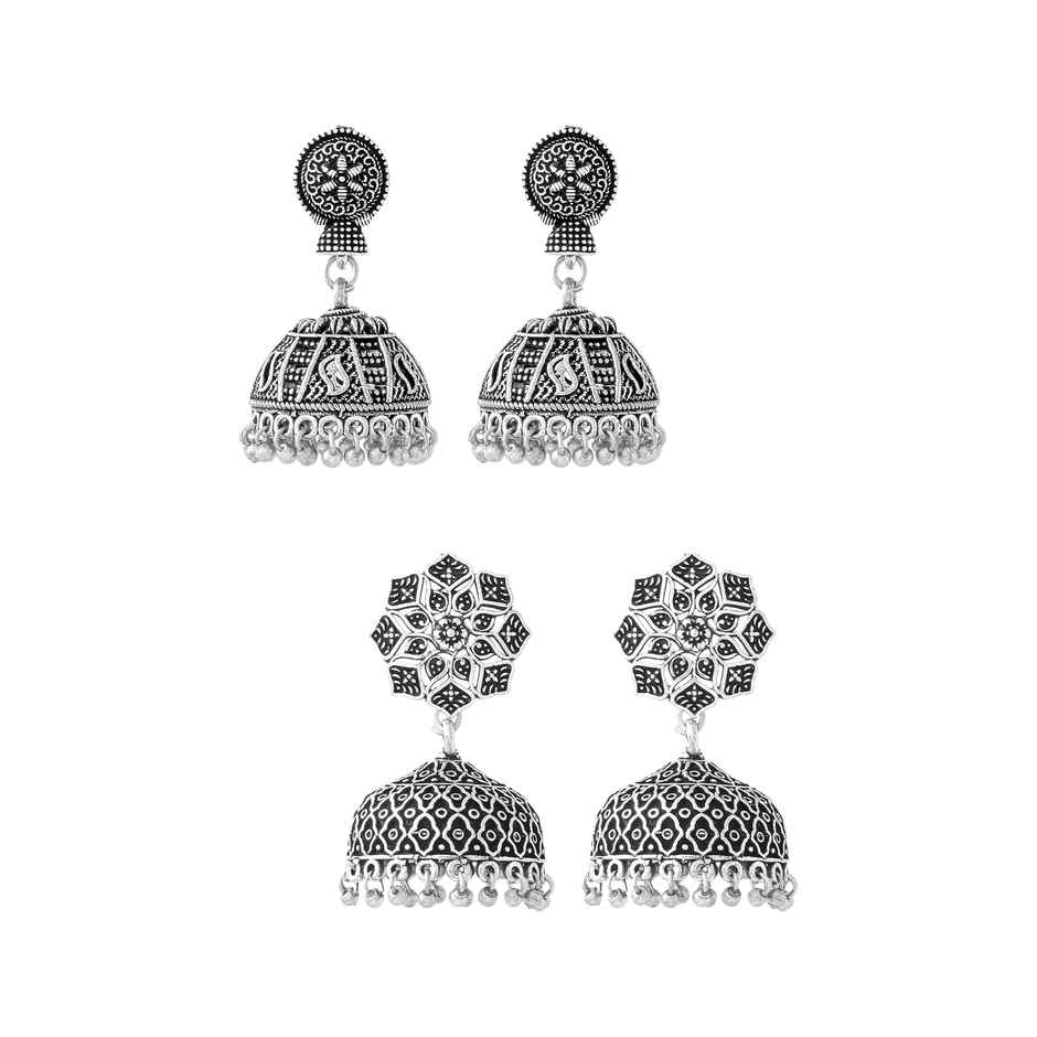 Yellow Chimes Traditional Silver Oxidized Jhumka Set for Women
