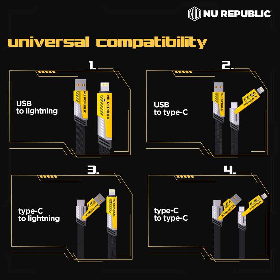 Nu Republic Blaze Fusion-Q 100W 4-In-One 1.2 M USB-A To Type-C To Type-C + Type-L Metal Connector Fast Data Charging Carbon Texture Braided Cable For Personalcomputer,1.2M - Black & Yellow