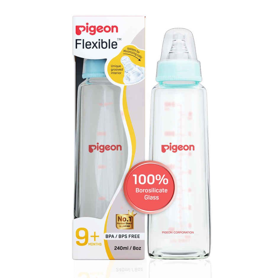 Pigeon Baby Care Glass Feeding Bottle | 240ml | Pale Blue Nipple L