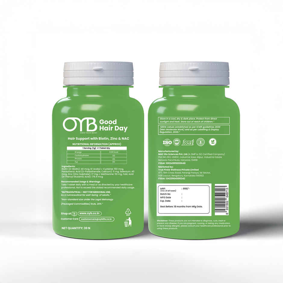 OYB Hair, Skin & Nail Support with Biotin, Zinc & NAC for Hair Growth | 30 Tablets