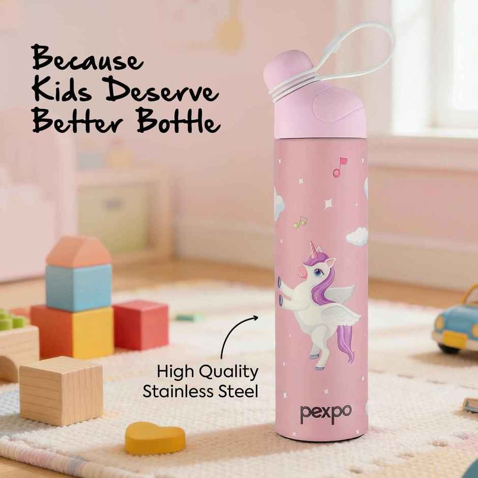 Pexpo Stainless Steel Pico Cute Sipper Hot & Cold Water Bottle | Unicorn UV Printed | Pink | 500 ml