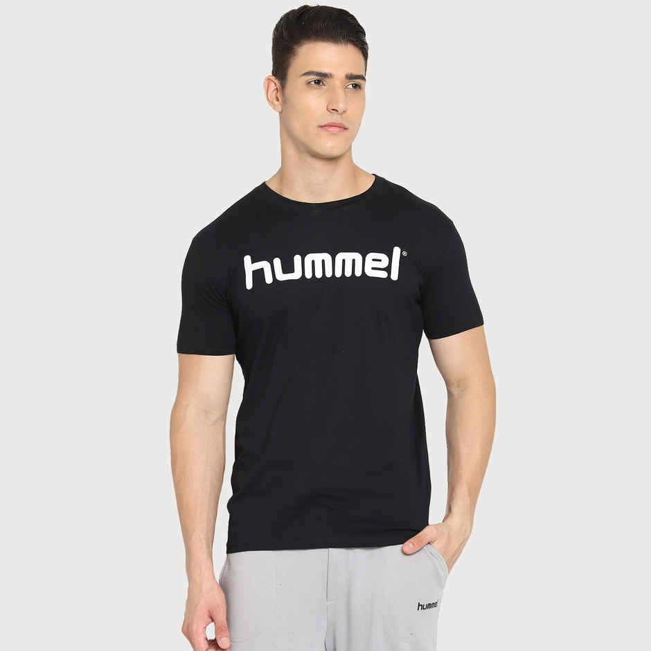 hummel Men's Go Logo Round Neck Solid Regular Fit Cotton Poly T-shirt | Black - L