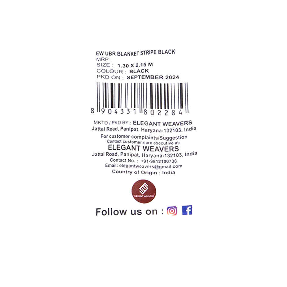 Elegant Weavers UBR Blanket Stripe Black -1 pc | 130 cm x 215 cm