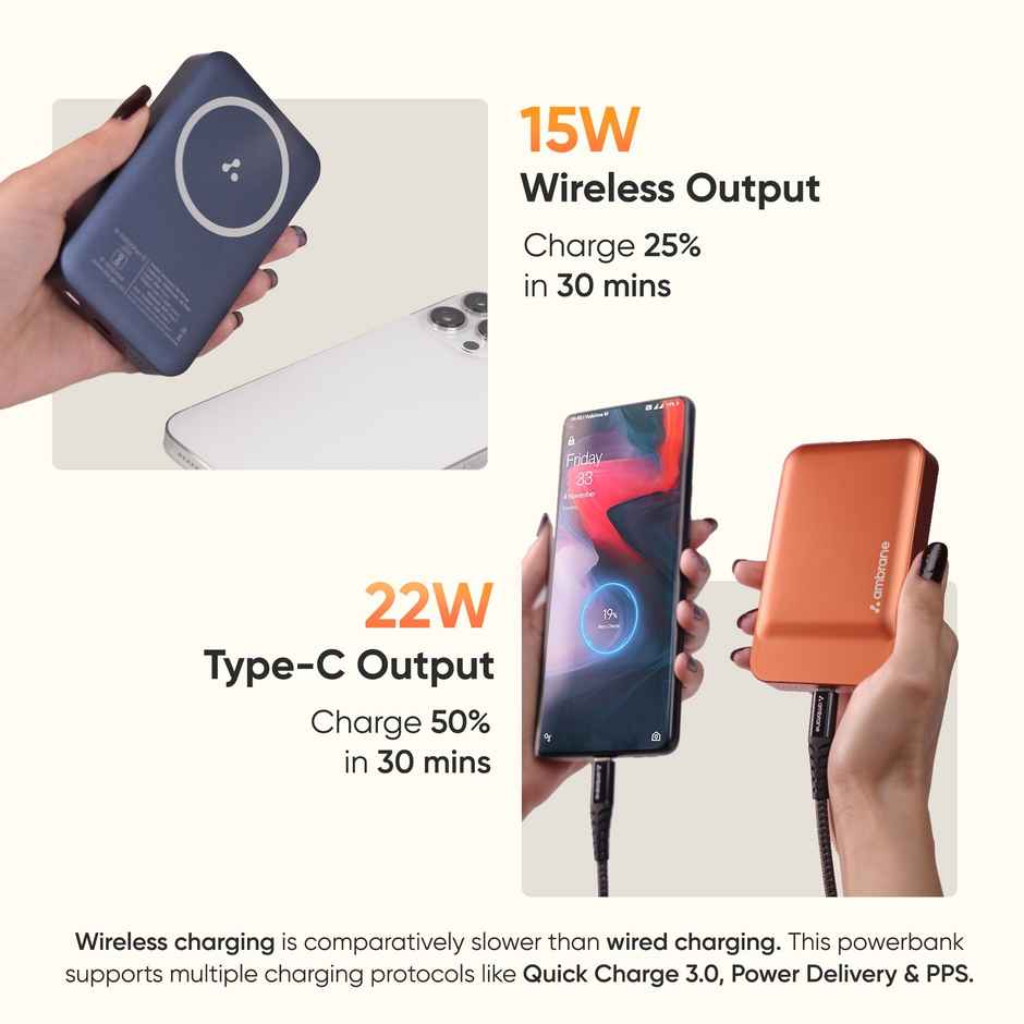 Ambrane 10000 mAh Magsafe Fast Wireless Charging Power Bank for All Qi Enabled Devices (Prime, Blue)