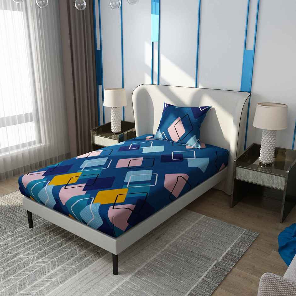 Dream Care Single Microfiber 125 TC Geometric Flat Bedsheet | Pack of 1 | Blue | 60 x 88 in