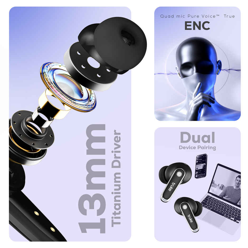 Truke Mega 12 Buds with 70H Playtime Leather Textured Finish Spatial Audio 13mm Drivers Ash Black