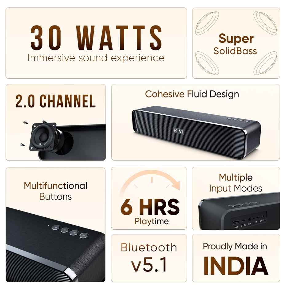 Mivi Fort H30 | 4000 mAh | 6H Playtime | BT v5.1 | 30W Bluetooth Soundbar | Black | 2.0 Channel
