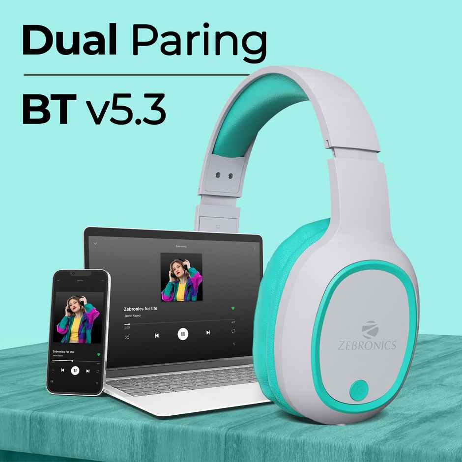 ZEBRONICS Thunder Bluetooth 5.3 Wireless Over Ear Headphones with 60H Backup, Gaming Mode, Dual Pairing, Enc, Aux, Micro Sd, Voice Assistant, Comfortable Earcups, Call Function - Sea Green