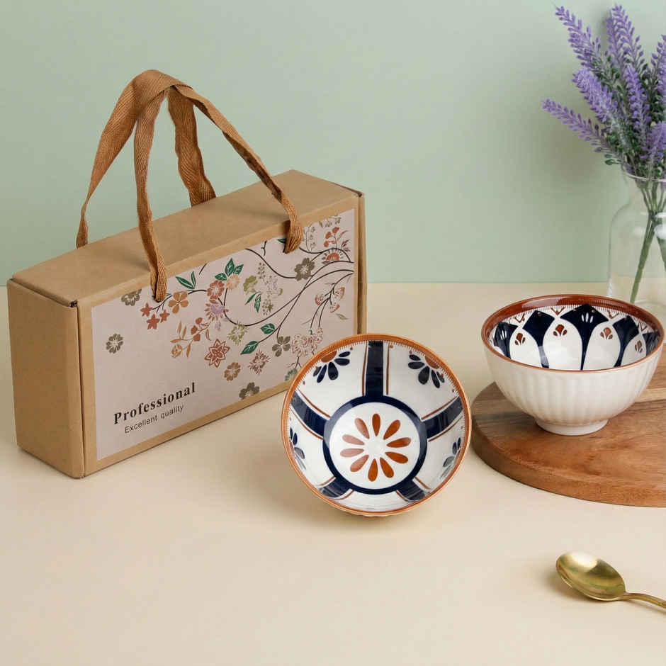 The Earth Store Blue Oriental Ceramic Bowl Set | Microwave & Dishwasher Safe | 300 ml