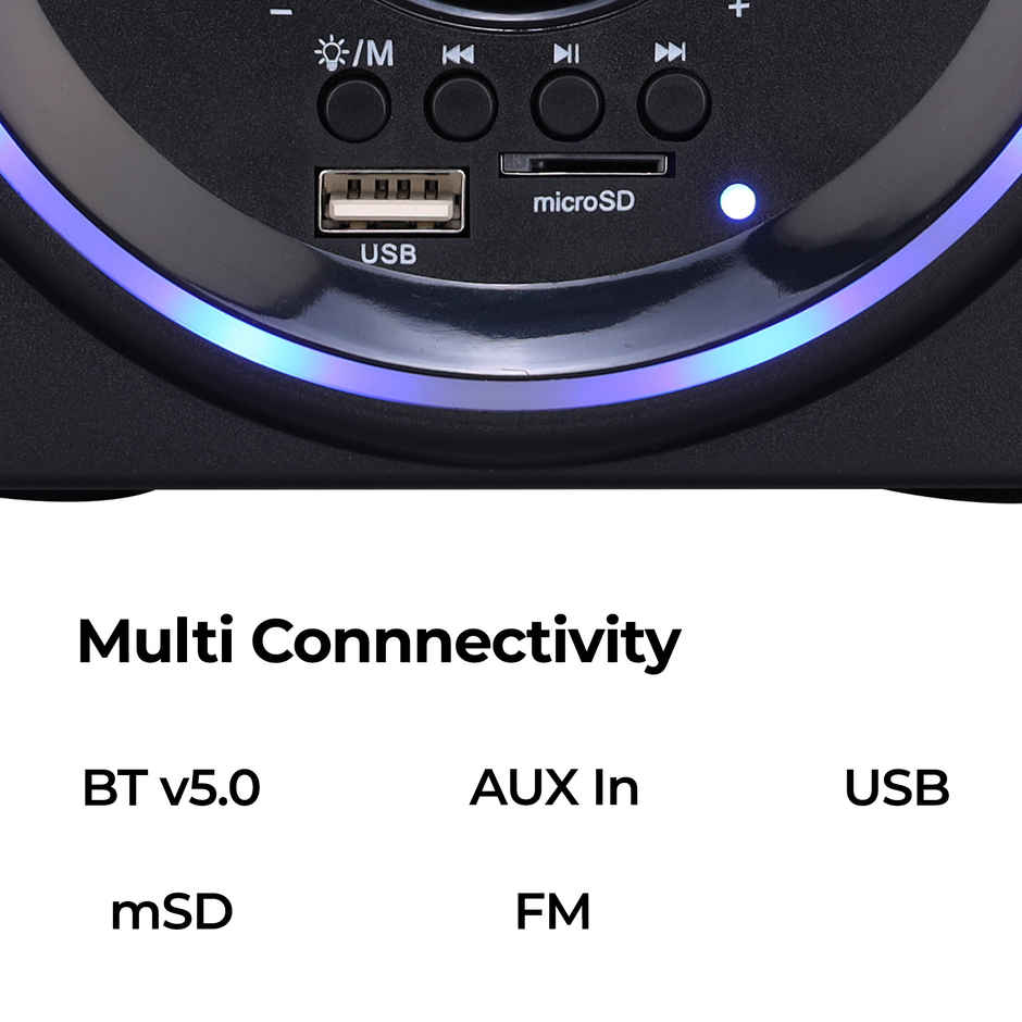 Zebronics Pluto 2, 2.1 Channel Speaker, 15W Output, BT 5.0, USB, mSD, FM, 3.5mm Jack Input, RGB - Black