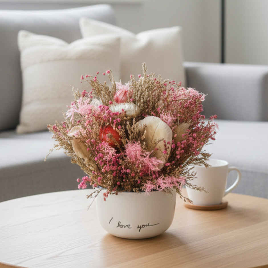 Pink Blossom Dry Flowers in Ceramic Vase with Fragrance Spray | Ideal for Gifting | IRIS