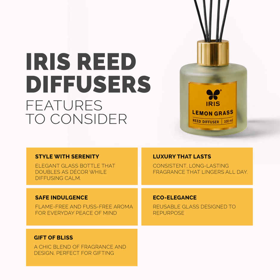 IRIS Lemongrass Frosted Glass Reed Diffuser Set | Oil and 5 Fibre Reed sticks