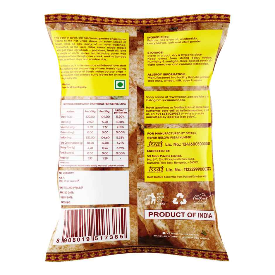 VS Mani Potato Hot Chips Chilli, No Palm Oil