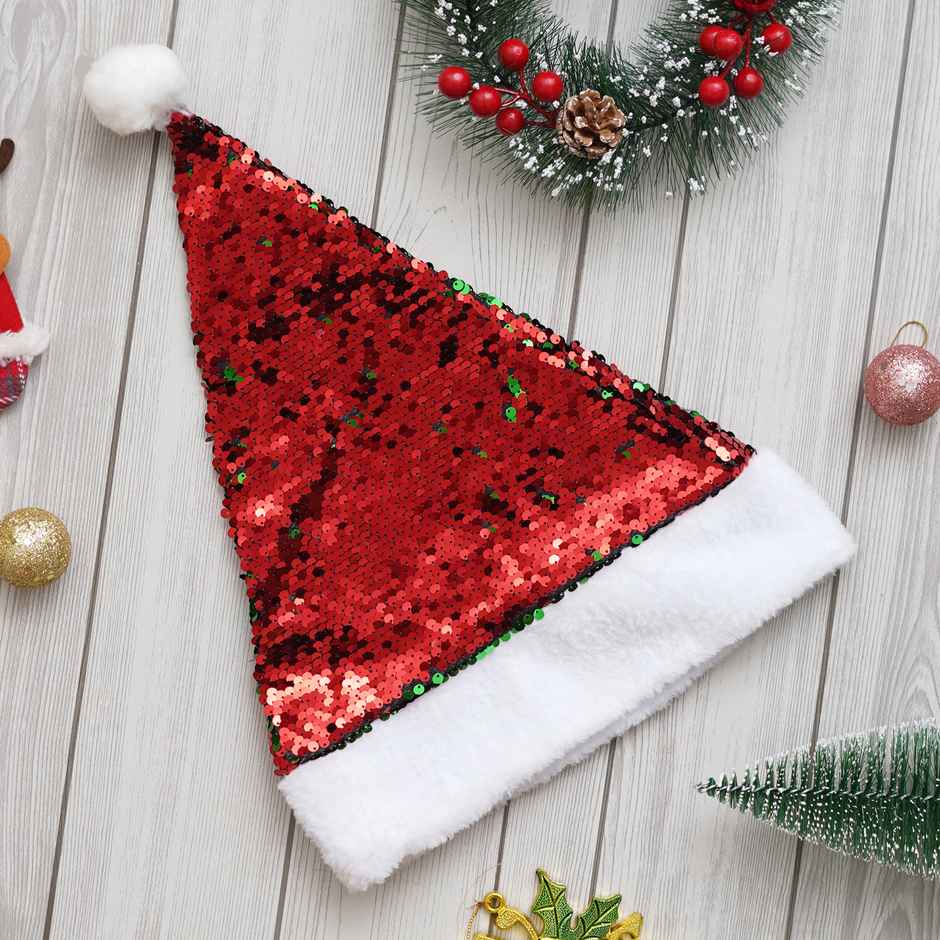 eCraftIndia Red and Green Flip Sequin Fancy Christmas Santa Hat -Santa Claus Cap Christmas Party