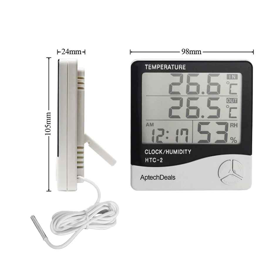 Aptechdeals Digital Hygrometer Thermometer Humidity Meter With Clock Lcd Display (Htc2)