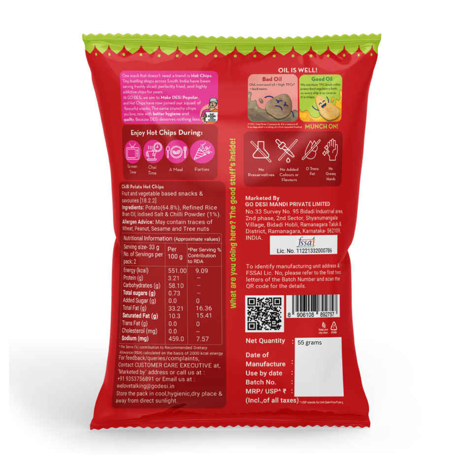 GO DESi Hot Chips Chilli Potato | No Palm Oil