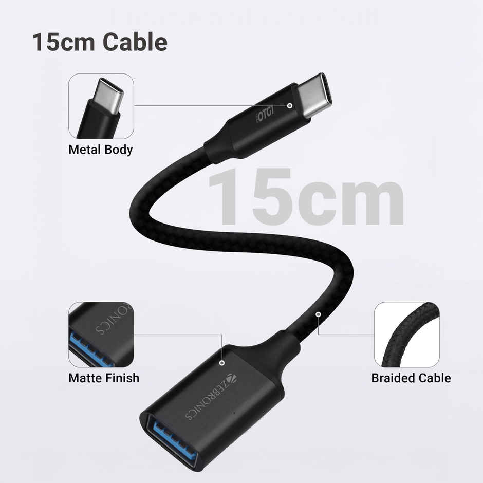 Zebronics OTG1 Type C to OTG Connector with Male Type-C 3.1 Gen 1, Female USB 3.0 5Gbps, 15cm Braided Cable, Metal Body, Sleek Design, for Smartphones, Tablets & Laptops - Black