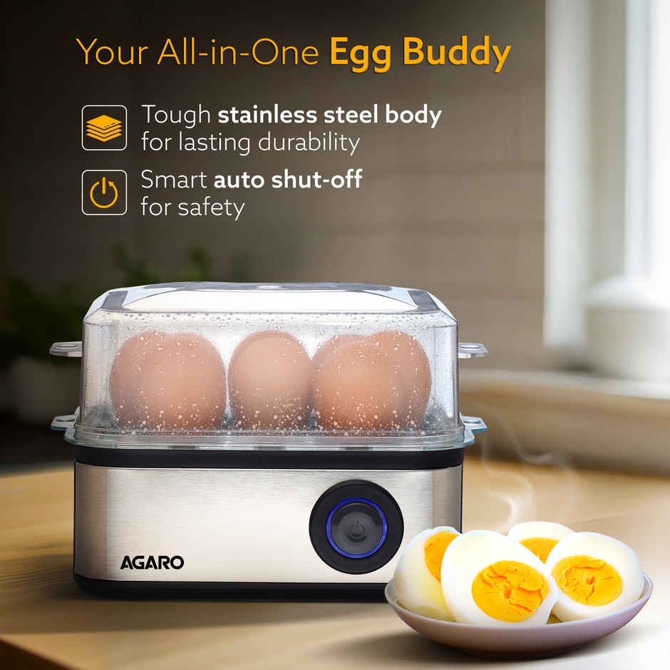 Agaro Grand Egg Boiler And Poacher, 500W, 2-in1 Boils 8 Eggs, Poach 4 Eggs, Steamed Vegetables, 3 Boiling Modes, Stainless Steel Body - Silver