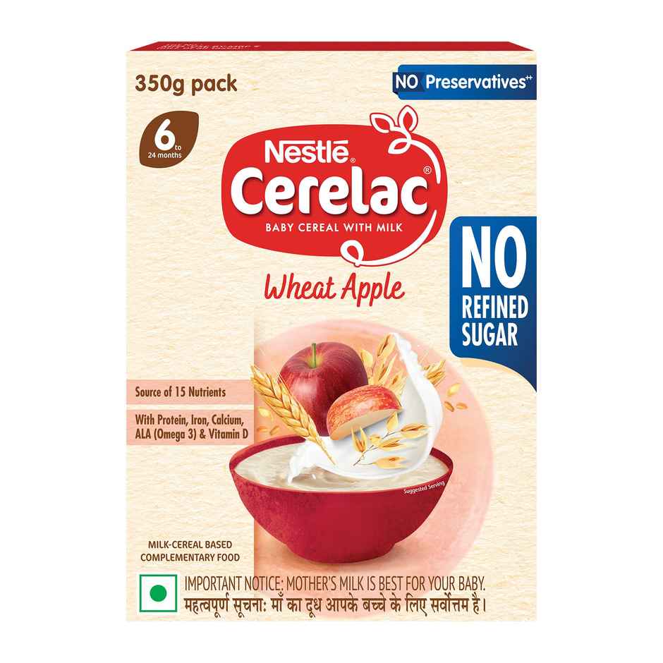 Nestle Cerelac Wheat Apple Baby Food Cereal, No Refined Sugar & No Preservatives, 6 to 24 Months