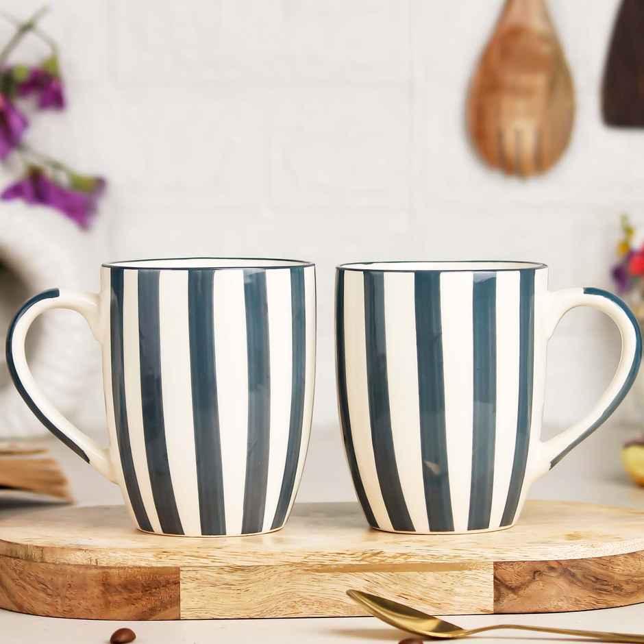 The Earth Store Grey Stripe Ceramic Coffee Mug | 400 ml Microwave and Dishwasher Safe