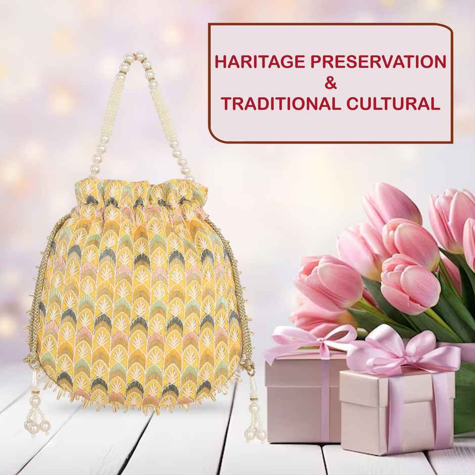 Lavie Women's Noor Chevron Embroidered Potli | Small | Yellow