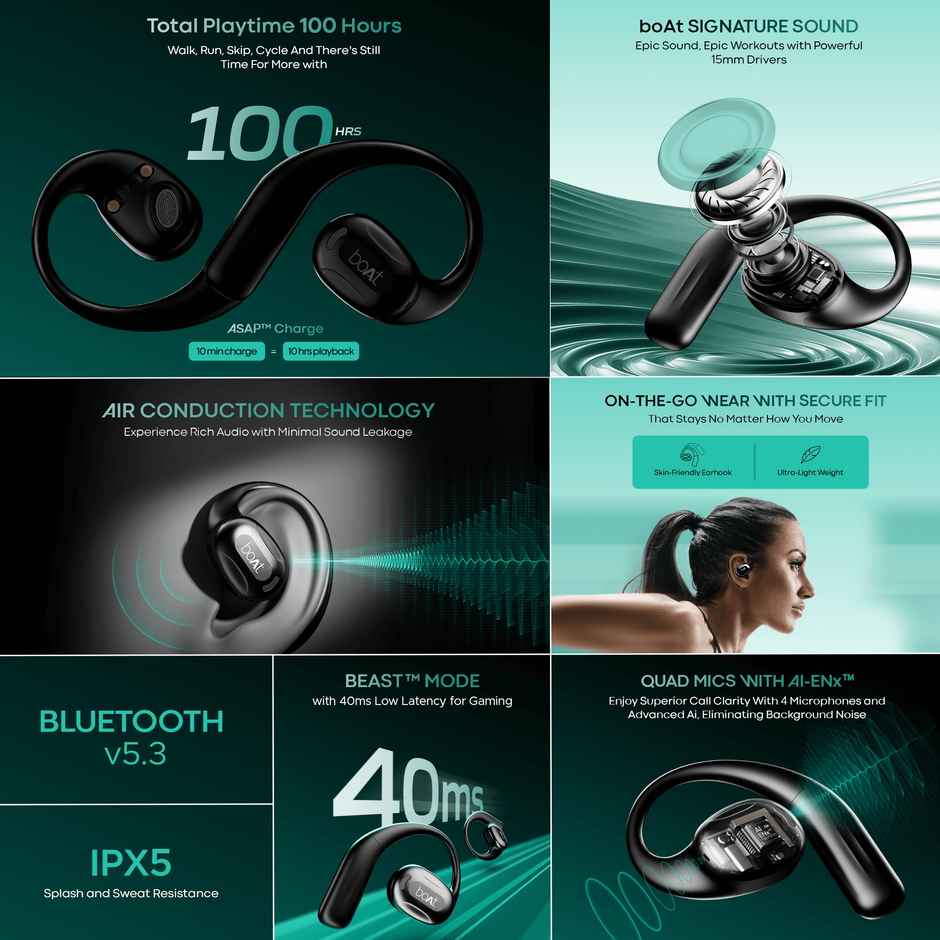 boAt Airdopes Progear Open-Ear TWS Earbuds for Outdoor Sports W/Air Conduction Tech,in Ear,4 Mics W/Ai-Enx, 100Hrs Playback,15Mm Drivers, Secure Fit,Beast Mode W/ 40Ms Latency, ASAP Charge - Active Black