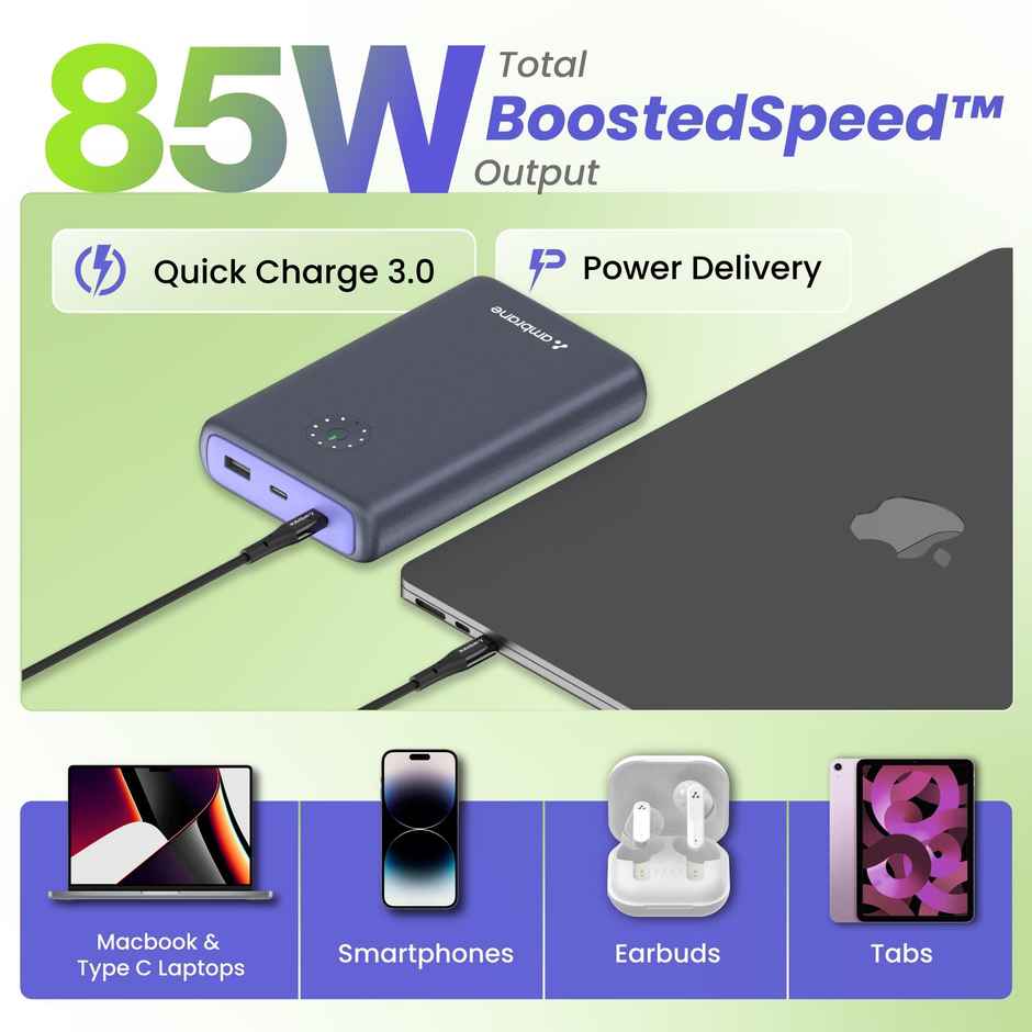 Ambrane 85W Fast Charging Powerbank, Power Delivery & Quick Charge (Powerlit Ultra Lite, Black)