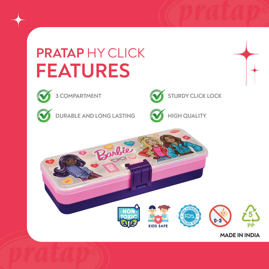 PRATAP Hy Click Pencil Box with 3 Compartment with Clip Lock | Pink & Purple | Barbie