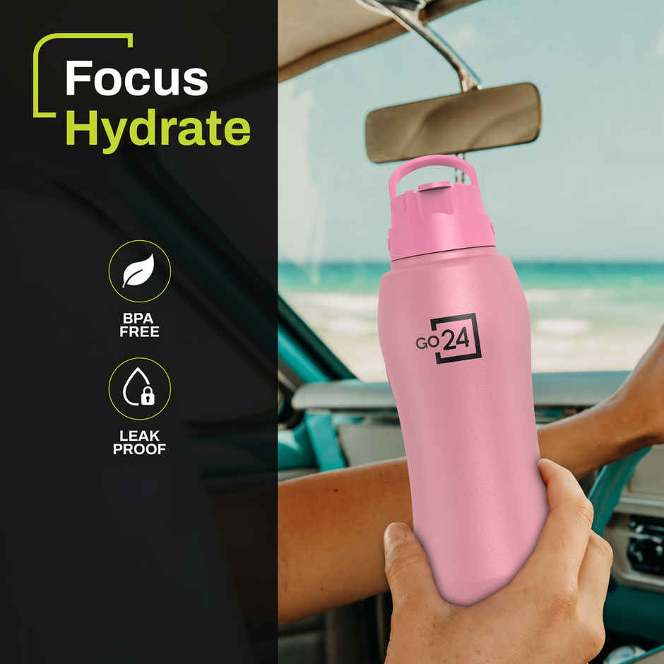 Go24 | Pexpo Stainless Steel Belly Water Bottle With Straw Lid Sipper Cap Easy Grip | Rose Gold | 1 L