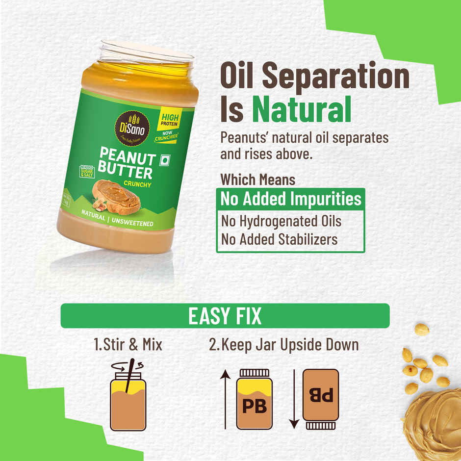 DiSano Natural Peanut Butter - Crunchy, Unsweetened, 28.3% Protein, No Added Sugar, Peanut