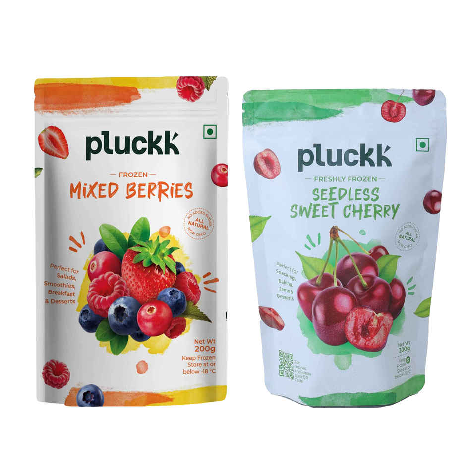Pluckk Fresh Frozen Imported Mixed Berries Natural | Non-Gmo | Rich In Antioxidants And Vitamin C (200g) & Pluckk Fresh Frozen Seedless Cherry Natural No Added Sugar Non Gmo Antioxidant Potassium Rich Snack (200g) Combo