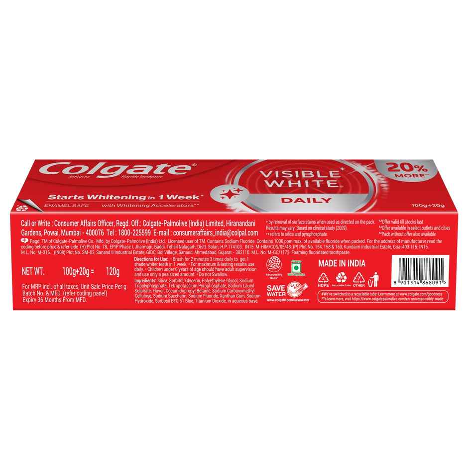 Colgate Visible White Toothpaste, Teeth Whitening Starts In 1 Week, Stain Removal