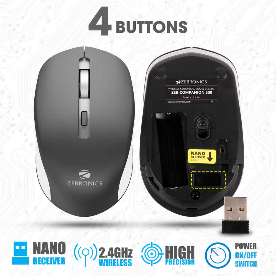 Zebronics Zeb-Companion 500 2.4GHz Wireless Keyboard & Mouse Combo, USB Nano Receiver, Chiclet Keys, Ultra Silent, Power On/Off Switch, Rupee Key, for PC/Mac/Laptop - Black