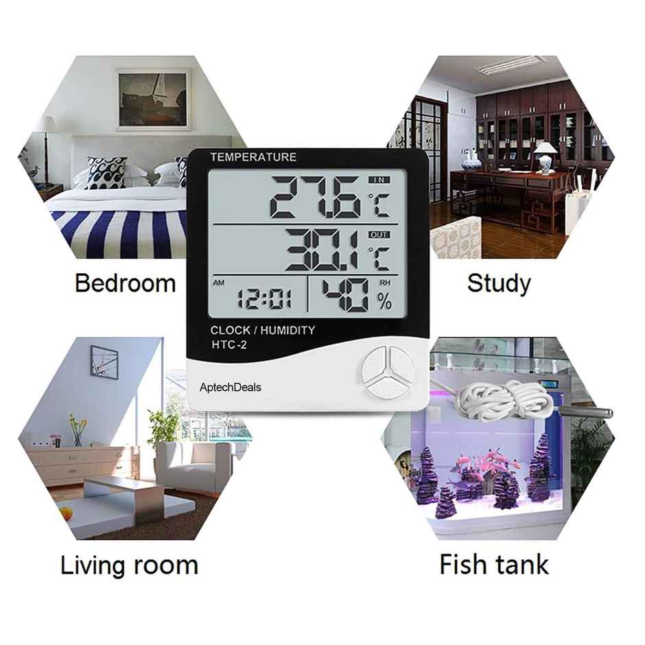 Aptechdeals Digital Hygrometer Thermometer Humidity Meter With Clock Lcd Display (Htc2)