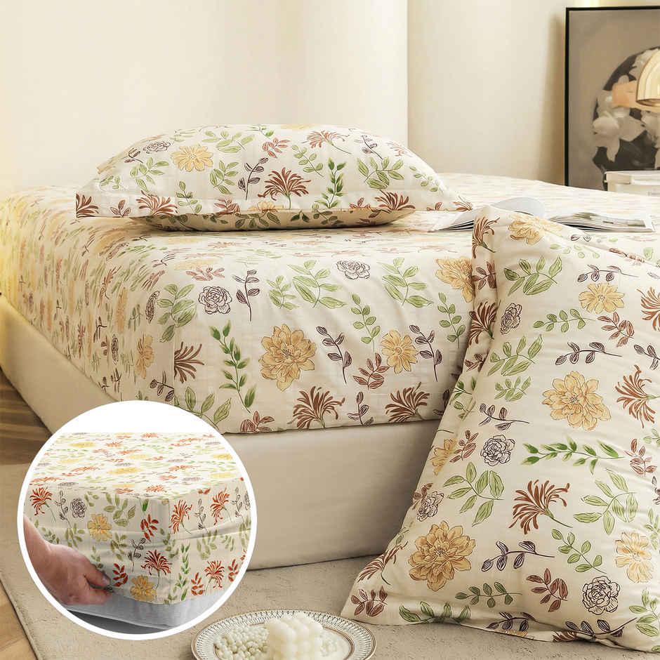 Story@Home Cotton Blend King Fitted 210 TC Floral Bedsheet with 2 Pillow Covers | Off White & Yellow