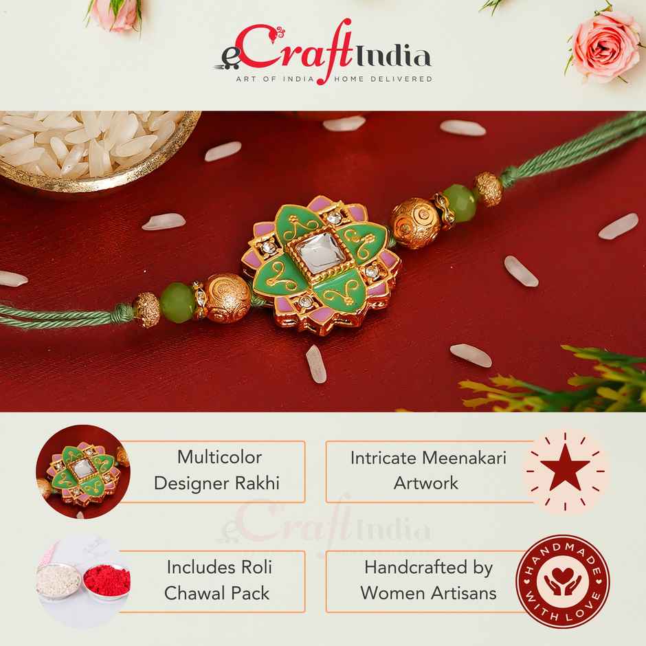 Meenakari Green, Pink & Golden Designer Rakhi for Brother & Roli Chawal Pack (eCraftIndia)