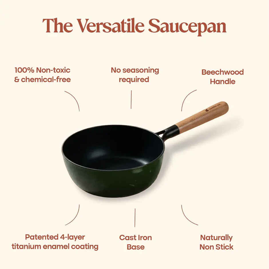 Cumin Co. Cast Iron Sauce Pan 15 L with Lid | Beechwood Handle | Green