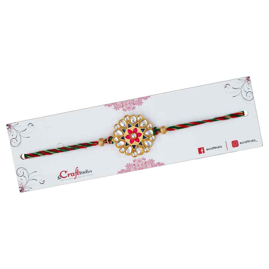 Floral Multicolor Designer Kundan Rakhi for Brother with Roli Chawal Pack (eCraftIndia)