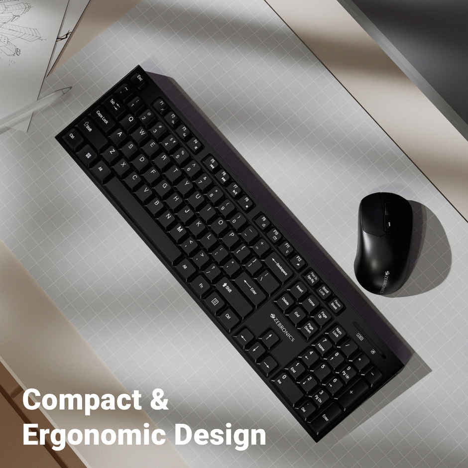 Zebronics Companion 304 Wireless Combo, 104 Keys, Key, 12 Multimedia Keys, 1600 DPI | Black