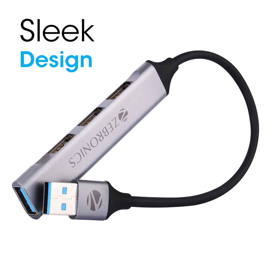 Zebronics 200HB USB 3.0 4 Port hub with Hi Speed Data Transfer, Aluminum + ABS Body, 15cm Cable, Sleek Design and Plug Play Usage - Black & Grey