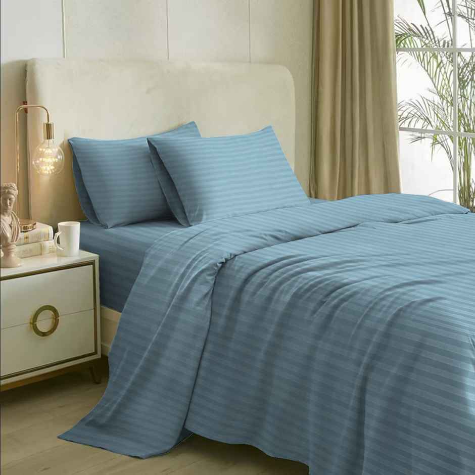 Naksh 100% Cotton 210 Tc Stripes Super King Bedsheet With 2 Pillow Covers - Jean Blue