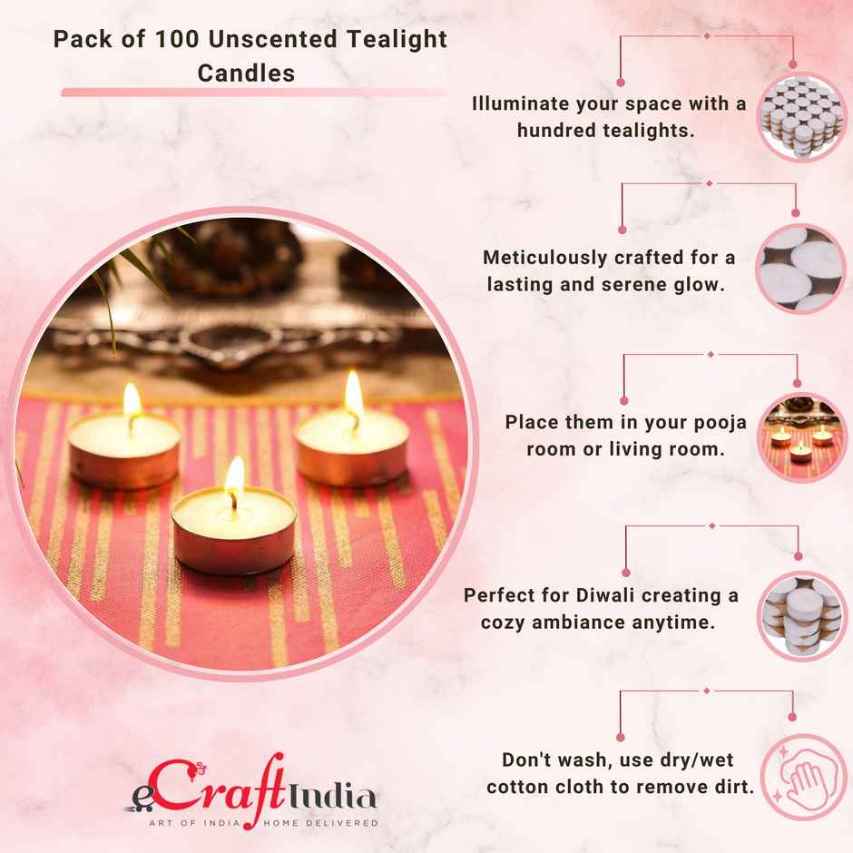 White Wax Unscented Tea Light Candles | Set of 100 | T Light Candles | eCraftIndia