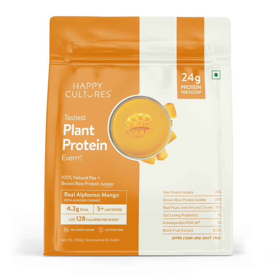 Happy Cultures Plant Protein| Alphonso Mango|24G Protein|Pea & Brown Rice Protein|Ahswagandha KSM66