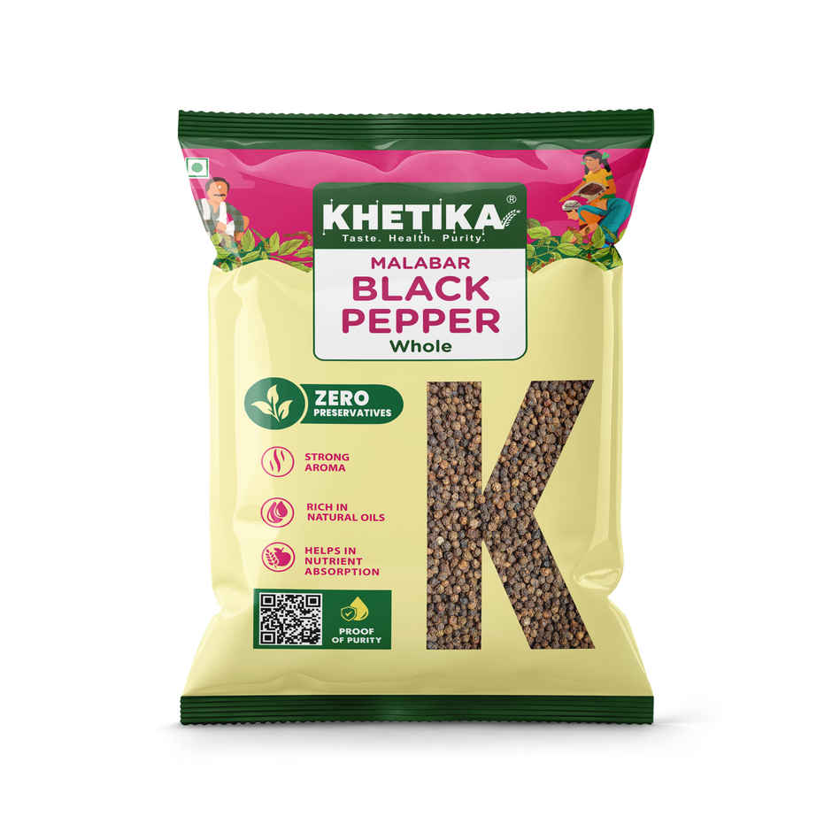 Khetika Malabar Black Pepper Whole | Kali Mirch | Strong Aroma | Zero Preservatives
