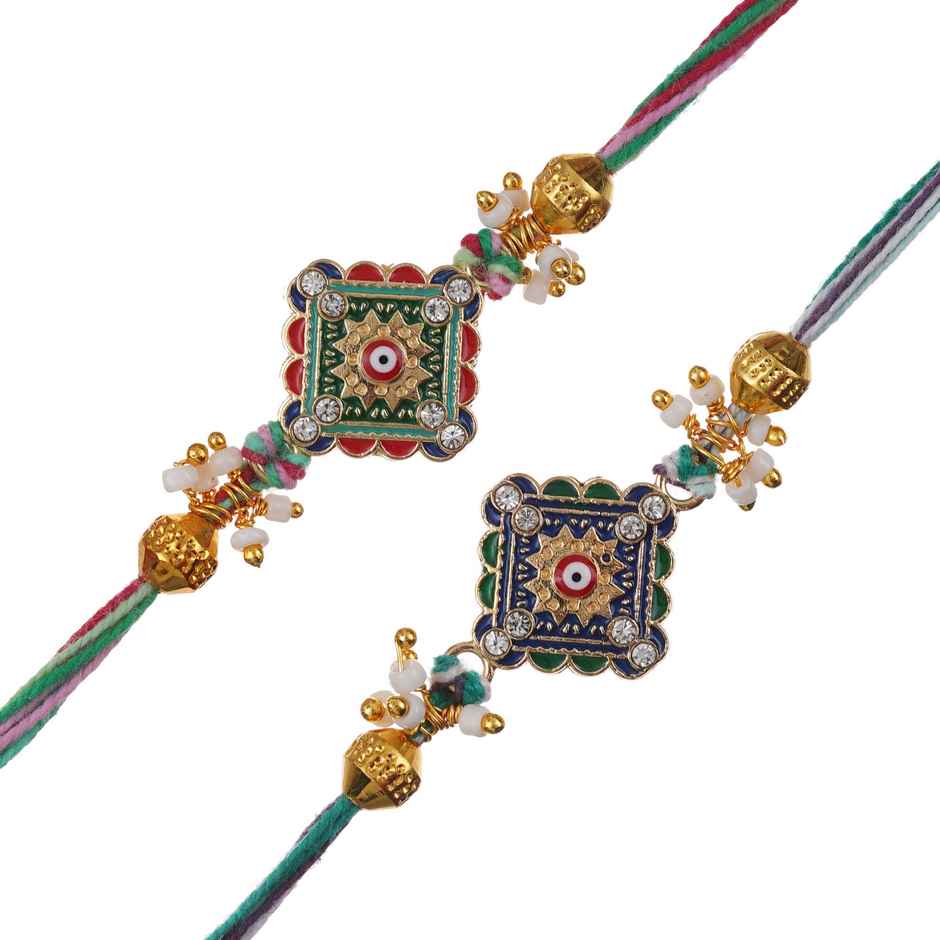 Evil Eye Beads Pearl Rakhi with Roli Chawal Raksha Bandhan Rakhi | Meenakari | Pack of 2 | Ecraftindia