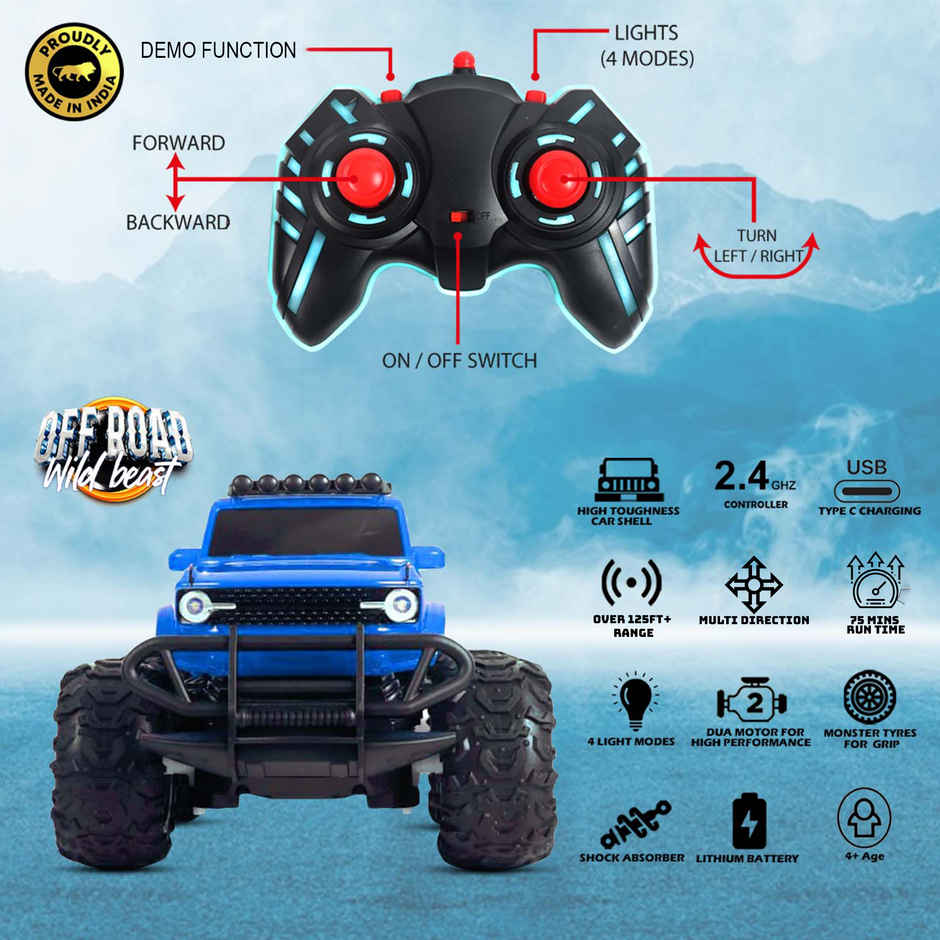 Race N Roll Off Roader Rechargeable Remote Control Monster Truck - For Blue