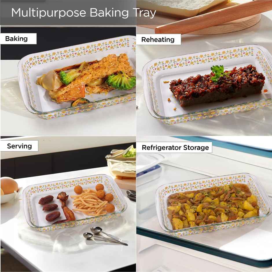 Umai 2200 ml Borosilicate Printed Glass Baking Tray | Transparent Microwave Oven Safe Utensils