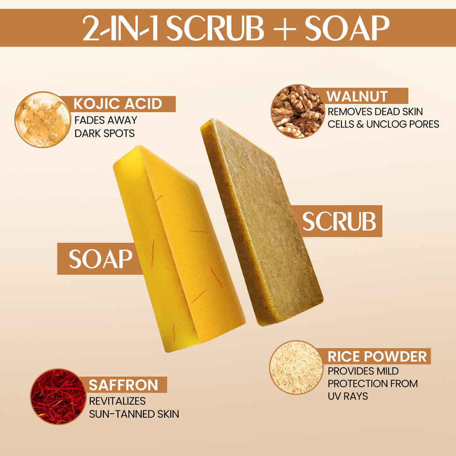 Kojic Acid & Saffron Detan Scrub Soap | Brightens Skin, Removes Tan, Dark Spots & Pigmentation