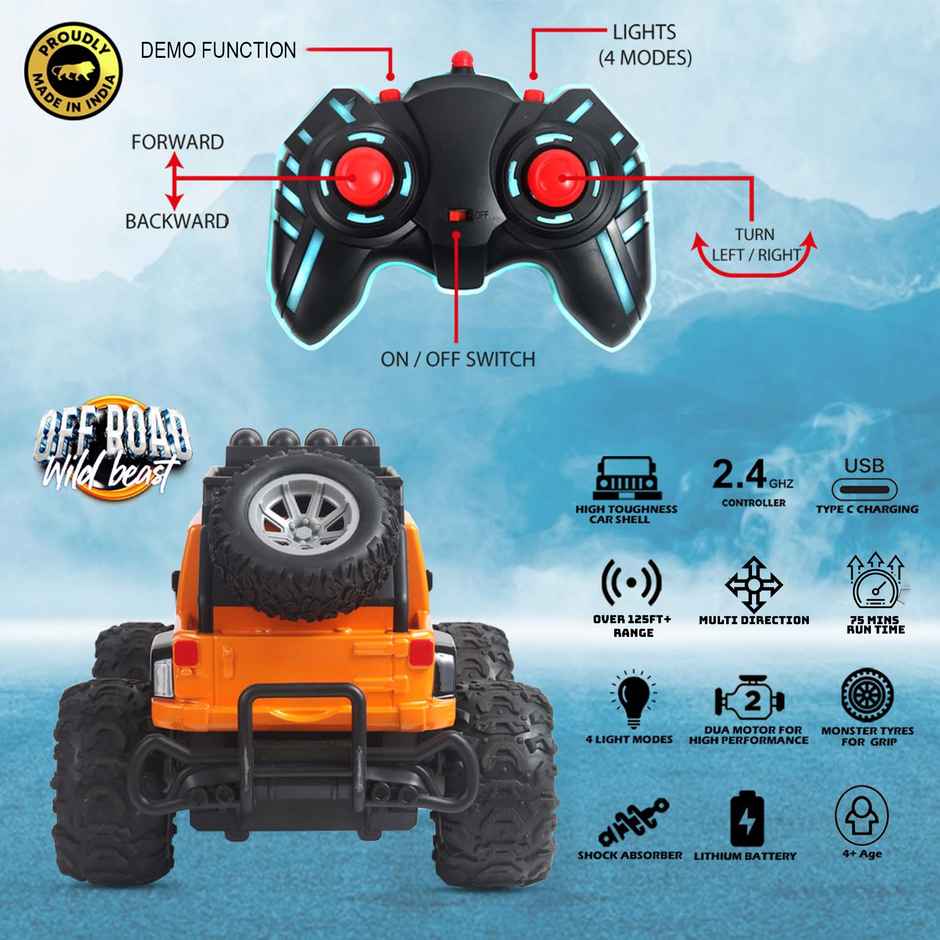Race N Roll Off Roader Rechargeable Remote Control Monster Truck - Jee Orange